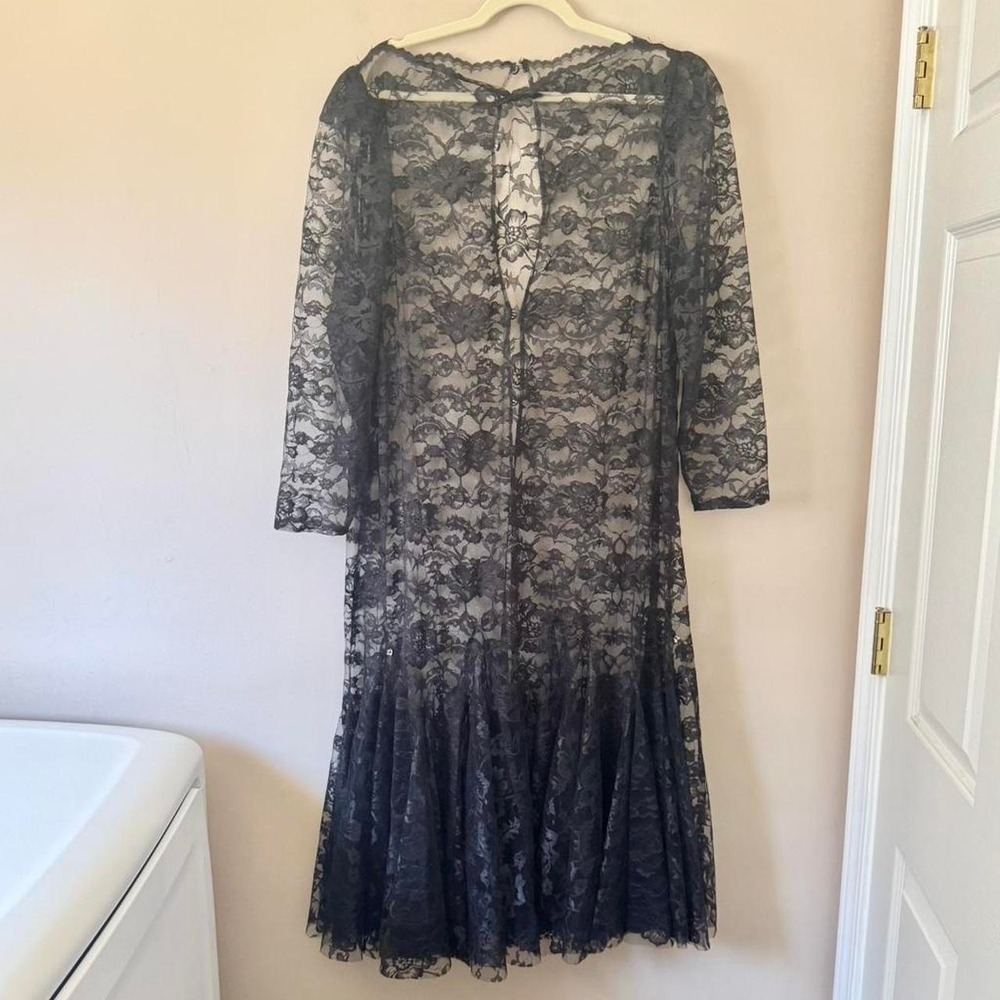 80s does 20s Drop Waist Black Lace Dress Sheer Maxi Midi Vintage Antique